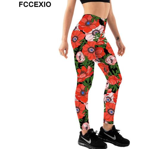 FCCEXIO Brand Beautiful 3D Poppies Flowers Print Women Stretch Pants Fashion High Waist Fitness Slim Soft Legging Plus Size