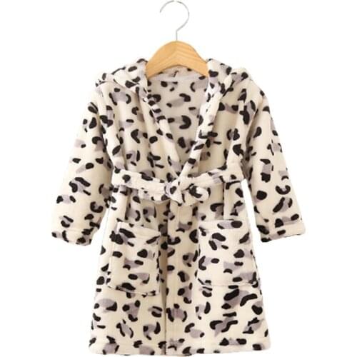 Baby Girls Boys Robes Children Bathrobe Hooded Cap Flannel Robe Leopard Pajama Kids Coral Warm Clothes Child Homewear