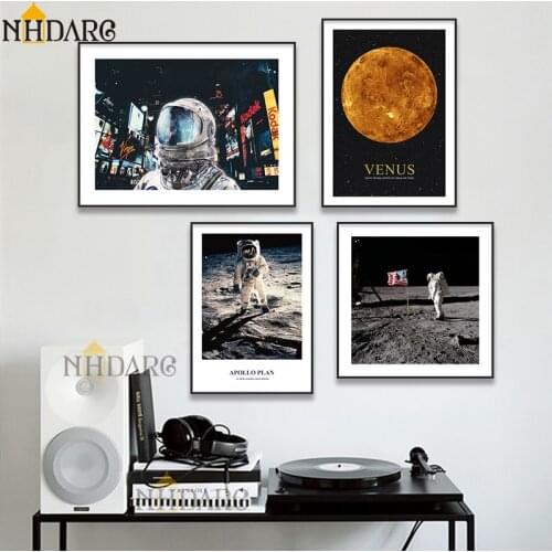 Outer Space Astronauts Planetary Walking Footprints on the Moon, Posters and Prints Canvas Painting Art Wall Picture Home Decor