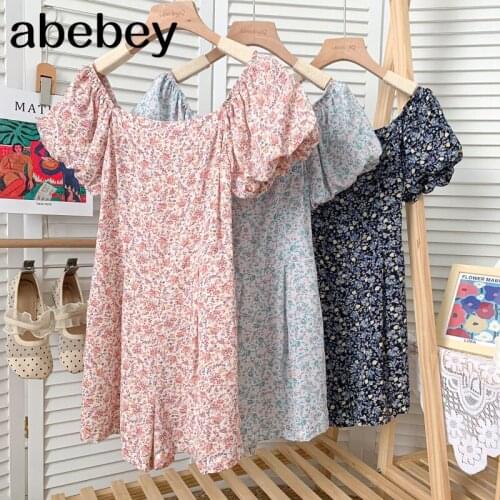 Fashion Square collar puff sleeve Rompers high waist pleated waist loose casual floral wide leg Rompers 2021 New Summer