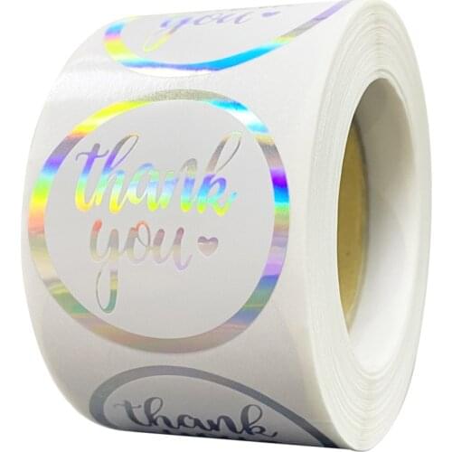 50-500pcs Rainbow Laser Thank You Stickers 1 inch White Thank You Small Business Sticker for Crafts Gift Packaging
