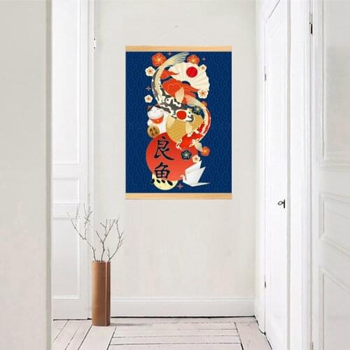 Canvas Home Decoration Lucky Cat Poster Print Pictures Animation Carp Wall Art Wooden Scroll Hanging Painting Bedside Background