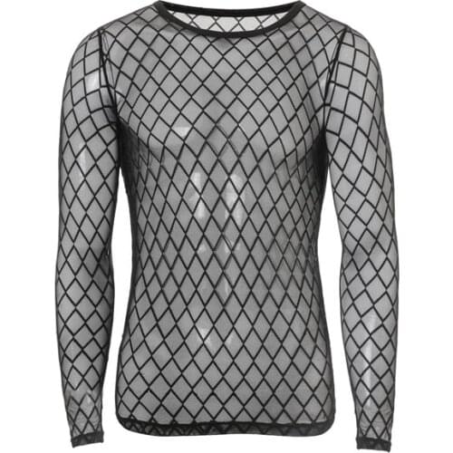 New Fashion Mens Sexy Transparent Gauze Undershirt Utra-thin O-neck Diamond Mesh Long Sleeve Fitness T Shirt Men Vest