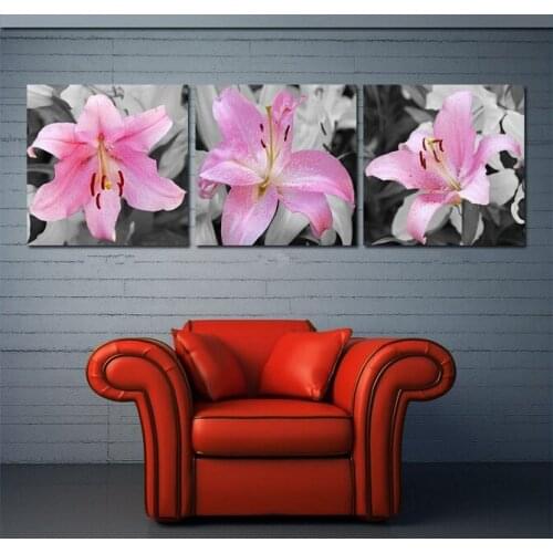 Huge modern painting 3Panels pink flowers combined living room paint decorative gray back