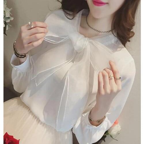 Autumn Elegant Women Long Sleeve Organza Blouse Shirt Office White Blouses Ladies Tops Bow Korean Clothes Femme Blusas DD2621