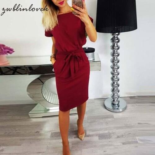 Women Summer Dress Fashion O-Neck Casual Elegant Short Sleeve Straight Solid Pocket Bow Belt Knee-length Part Dresses 2C0031
