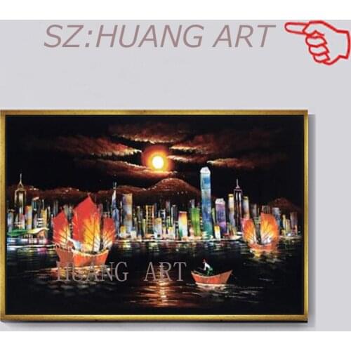 Hand Painted Oil Painting on Flannelette Abstract Hong Kong Victoria Harbour Canvas Painting Wall Art Picture for Home Decor