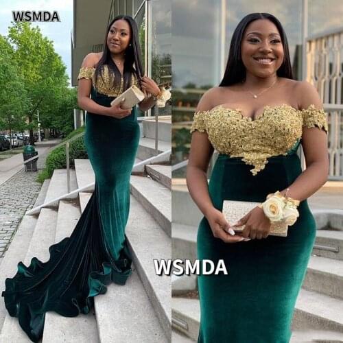 African Mermaid Evening Dresses Velvet Off Shoulder Gold Appliques Beads Formal Plus Size Evening Dress Party Vestidos