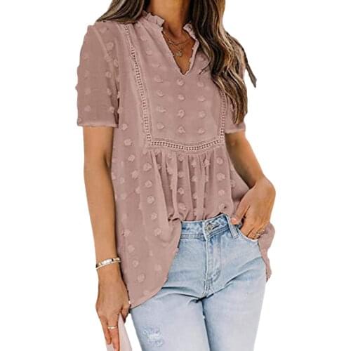 Women Summer Loose Shirt, Adults Casual Short Sleeve V-neck Blouse with Pom Poms