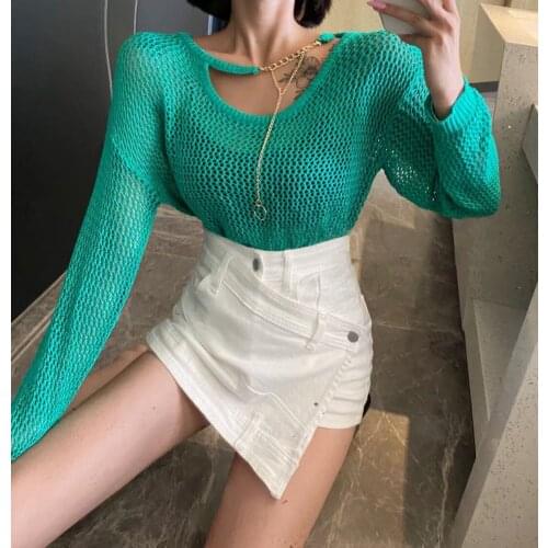 2021 Spring Autumn Fashion Pullover Tops Korean Womens Sexy Chain Hollow Out Knitwear Vintage Long Sleeve Loose Knitted Sweater