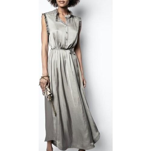 2021 Summer Sleeveless Lace-up Dresses Wood Ears Elegant Senior Satin Long Dress for Women