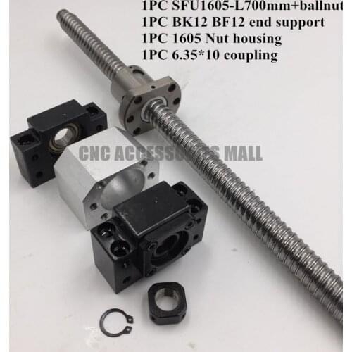 1SET Ballscrew 1605-L700mm + SFU1605 Ballnut + BK12 BF12 End Support + 1605 Ballnut Housing + 6.35*10 Coupling