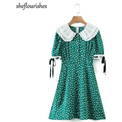Summer dress 2020 puff sleeve dresses women floral dress korean mini dresses vintage embroidered dress green lace up vestidos