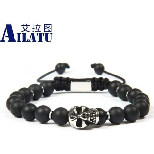 Ailatu Jewelry Wholesale 10pcs/lot 8mm Matte Onyx Stone Beads with Stainless Steel Male Skull Macrame Bracelets Mens Jewelry
