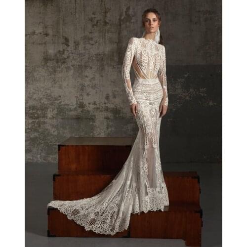 Bohemian Mermaid Wedding Dresses Jewel Neck Long Sleeve Lace Appliques Country Bridal Gowns Illusion Beach Wedding Dress