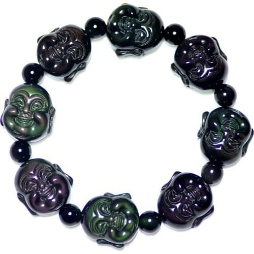 Lucky natural obsidian buddha head bracelet obsidian maitreya crystal bracelet apotropaic