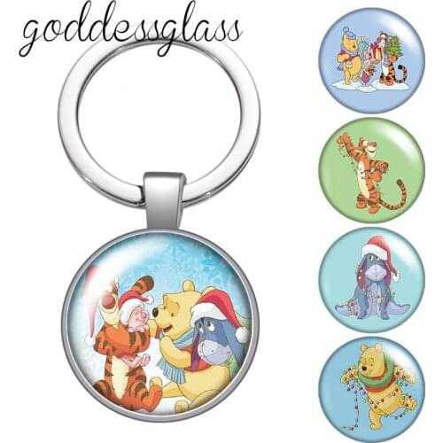 Disney Christmas Pooh Winnie Tigger Piglet Photo glass cabochon keychain Bag Car key chain Ring Holder Charms keychains gift
