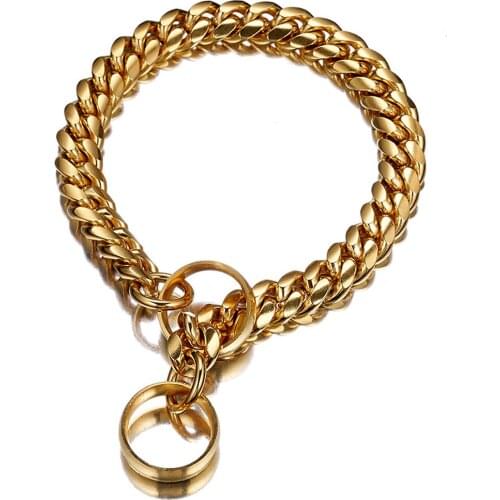 14mm Strong Stainless Steel Silver Cuban Chain 18K Gold Plated Heavy Duty Walking Training Large Dogs Collar