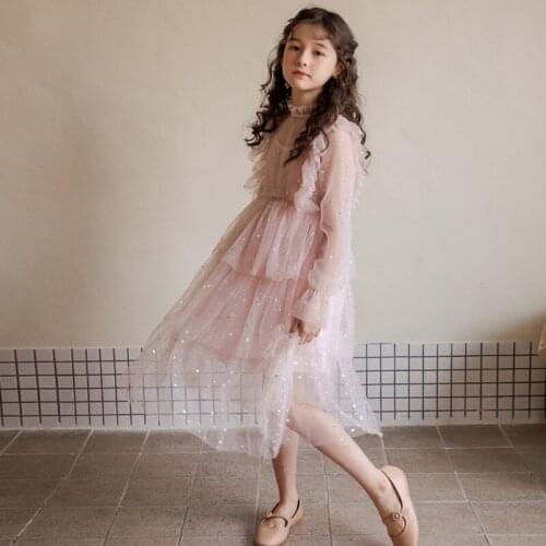 2021 Summer New Girls Dress Sweet Fresh Long Sleeve Lace Children Gauze Princess Skirt