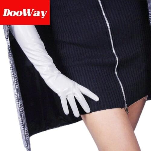 DooWay 16-inch White Faux Patent Leather PU Shine Women Golves Elbow Long Evening Party Wetlook Sexy Finger Gloves