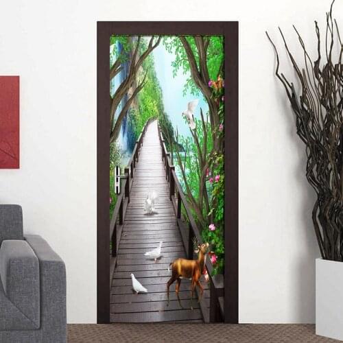Forest Wooden Bridge Elk Nature Landscape 3D Door Mural Living Room Bedroom Door Fresco Photo Wallpaper Waterproof Door Sticker