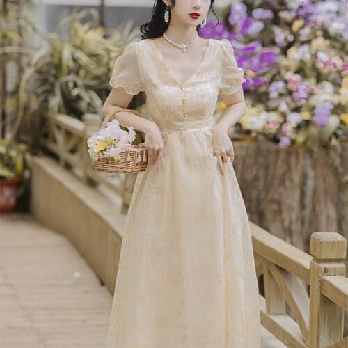 Summer Yellow Dark Pattern Jacquard Puff Sleeve Princess Dress Floral Petal V-Neck Romantic Fairy Dress Vestidos
