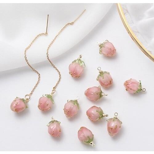 18K Real Plating Gold Copper Metal Charms 3D Mini Resin Strawberry Charms 2pcs/lot For DIY Jewelry Making Finding Accessories