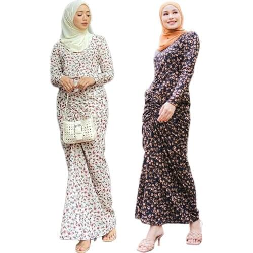 Muslim Floral Print Long Dress Eid Ramadan Islamic Slim Abayas Arab Turkish Drawstring Middle East Spring Vestido Women Fashion