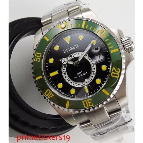 43mm sapphire glass GMT green ceramic bezel black dial automatic movement date mens watch