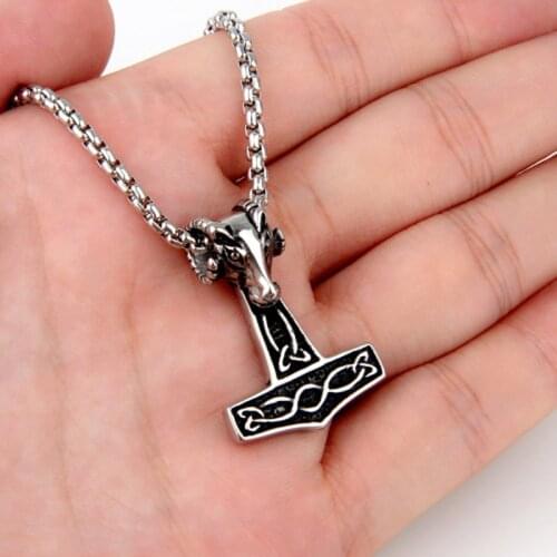 Mens Silver Color Punk Thor hammer sheep Pendant Necklace Stainless Steel Norse Viking Pewter Pendant Necklace Jewelry