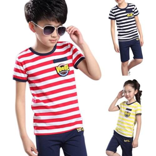 New Summer Kids Boys Girls Short Sleeve Stripe Print Tops Blouse T-shirt+Short Pants Children Casual Outfits Sets f