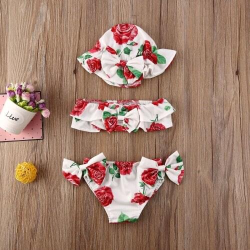 Newborn Baby Girls 3Pcs Bikini Set Floral Print Swimsuit Swimwear with Hat Toddler Babies Kids Summer Bathing Suit Tankini 0-24M