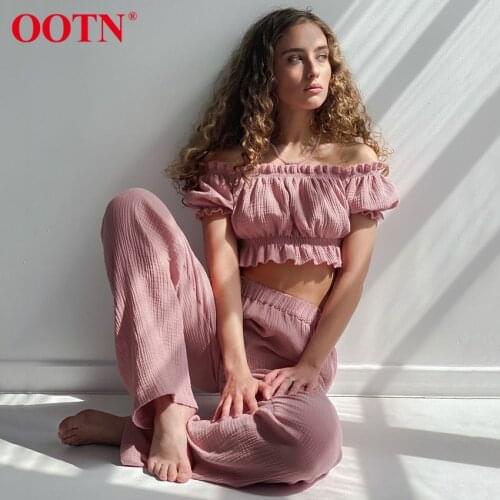 OOTN Off The Shoulder Slash Neck Ruffled Cotton Puff Sleeve Crop Top Casual Women Pant Suits Solid High Waist Pleated 2 Piece