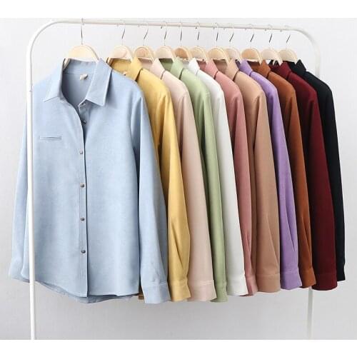 Autumn New Women Vintage Loose Corduroy Solid Shirt Turn-Down Collar Full Sleeve Button Up Fake Pocket Blouse Casual Female Tops