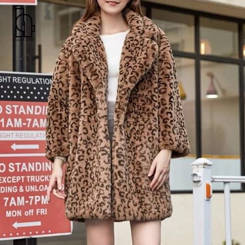 Leopard Print Loose Casual Long Faux Fur Coat Turn-down Collar Warm Women Winter Fur Jackets Vintage Parka Streetwear