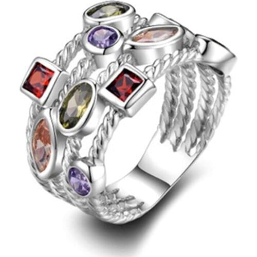 Particoloured Multilayer Ring Special Design Ten Color Shape Stones Accessories Silver Color Brand Finger Band Wedding Jewelry