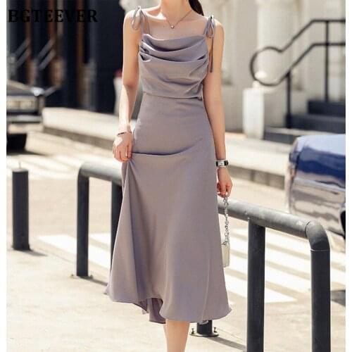 BGTEEVER 2021 Summer Women Satin Dress Party Luxury Shiny Sundress Elegant Ruched Fashion Female A-line Dresses vestidos