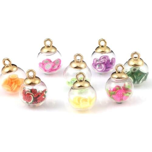 Doreen Box Polymer Clay & Glass Charms Pendants Round Fruit Multicolor Transparent Pendants for DIY Jewelry 22mm x 16mm, 10 PCs