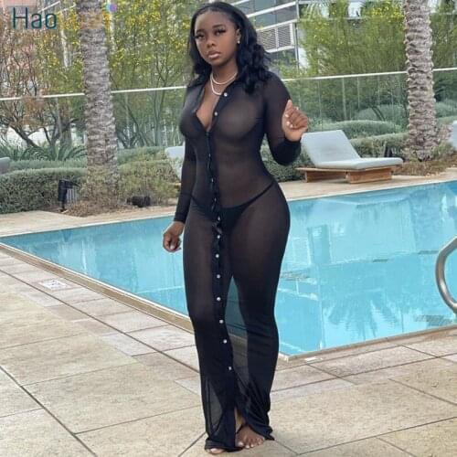 HAOYUAN Sexy Black Mesh See Through Maxi Dress Women Fall Clothes Birthday Party Club Outfits Long Sleeve Bodycon Shirt Dresses