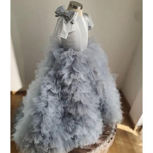 Grey Puffy Flower Girl Dress Ball Gown Bow Kids Clothes Girls Pageant Gown Birthday Dress Size 2-16Y