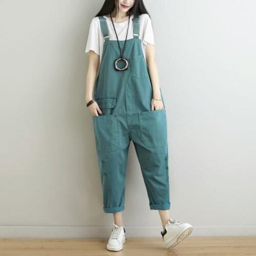 Spring Summer Jumpsuits Korean Version Loose Plus Size Casual Overalls Pants Washed Pockets Long Trousers