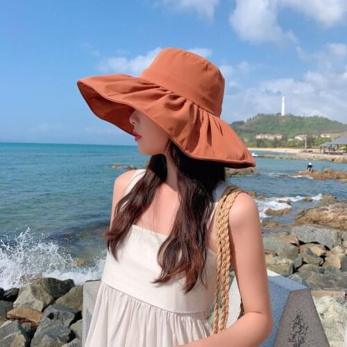 Fisherman Hat Womens Summer Solid Color Womens Beach Travel Big Brim Shade Sun Hat Black Khaki Blue