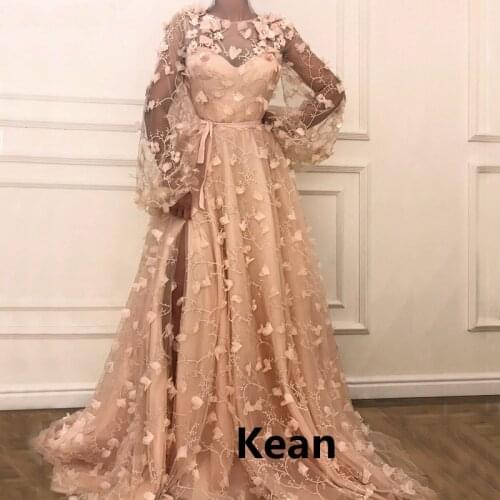 Champagne Slit Evening Dress Puff Sleeve Special Occasion robe soiree Islamic Dubai Kaftan Saudi Arabic Evening Gown Prom Dress