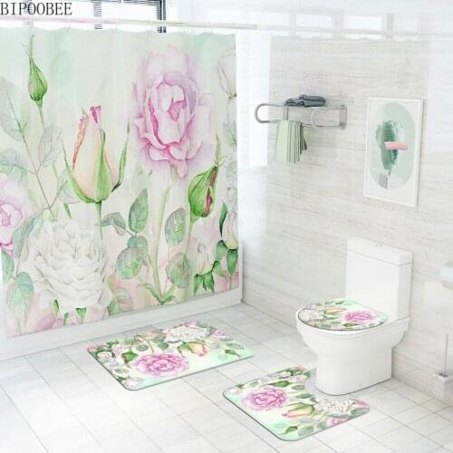 Beautiful rose shower curtain Flower grass plant Printed Bathroom curtains set Flannel Toilet Lid Cover Non-slip Carpet Bath Mat