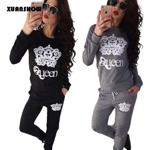 XUANSHOW Autumn Winter Two Piece Set Women Fashion Long Sleeve QUEEN Letters Sweatshirt+long Pants Outfits Plus Size Clothing