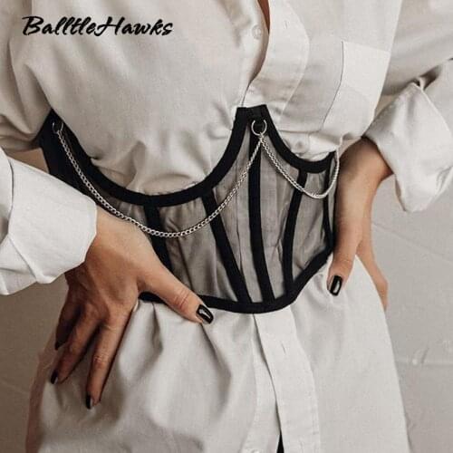 Goth Aesthetic Mesh Corset Top Women Punk Style Metal Chains E Girl Clothes Sleeveless See Through Sexy Tank Tops 2021