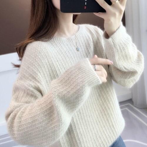 Ladies sweater 2021 autumn and winter new Korean version of loose long-sleeved round neck pullover pure color knitted top casual