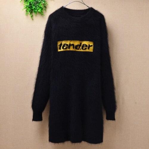 Top mujer femme long fashion loose Letters mink cashmere knitted long sleeves angora fur pullover sweater knitwear dress winter