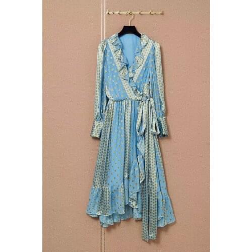 Fyion 2021 Vintage Dot Printed Midi Dress V-neck Long Sleeve Belt Women Silk Hot Sale New Fashion