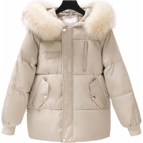 Winter Jacket Women Fur Collar Hooded Zipper Loose Plus Size Korean Warm White Yellow Green Blue Red Cotton Jackets Coat Female